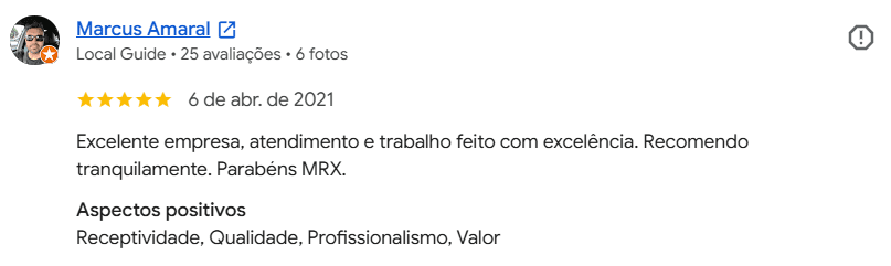 Avaliação de cliente da MRX no Google — 15