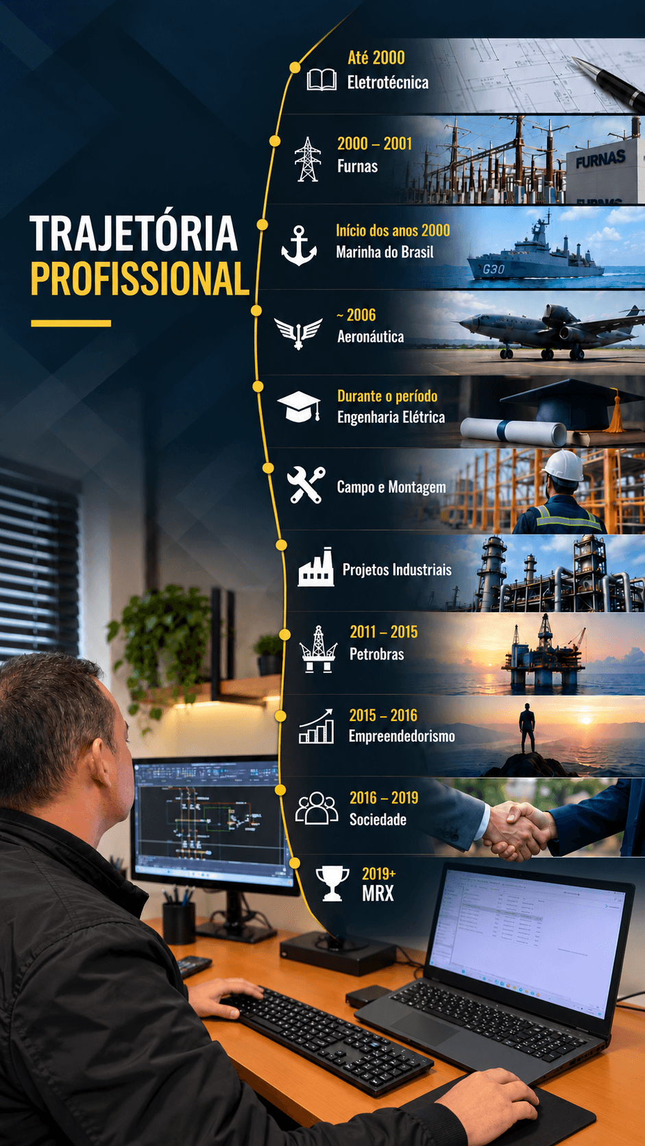 Trajetória profissional do Eng. Márcio Rocha: Eletrotécnica, Furnas, Marinha, Aeronáutica, engenharia elétrica e fundação da MRX em 2019